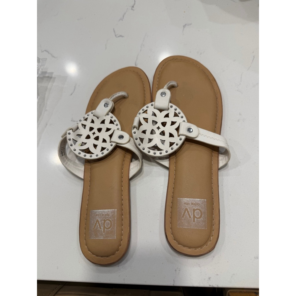 Dolce Vita White & Tan Cutout Medallion Slide Sandals
